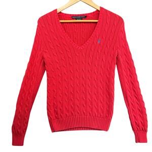 Polo Ralph Lauren Watermelon Pink Cable-Knit Cotton V-Neck Sweater Women M